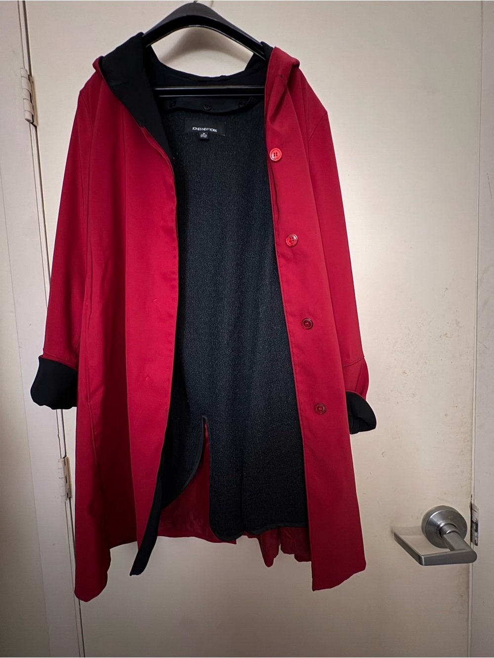 Jones New York Red Trench Coat with Black Hood Trim - Picture 7 of 11